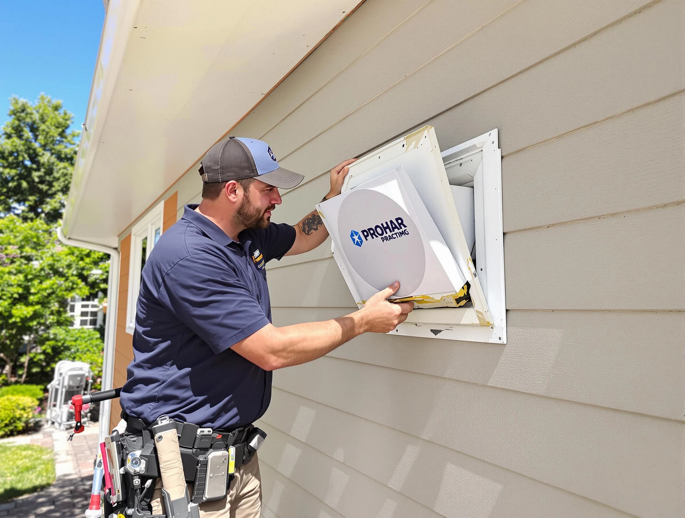Mapleton Dryer Vent Cleaning technician installing a new protective dryer vent cover on a home in Mapleton
