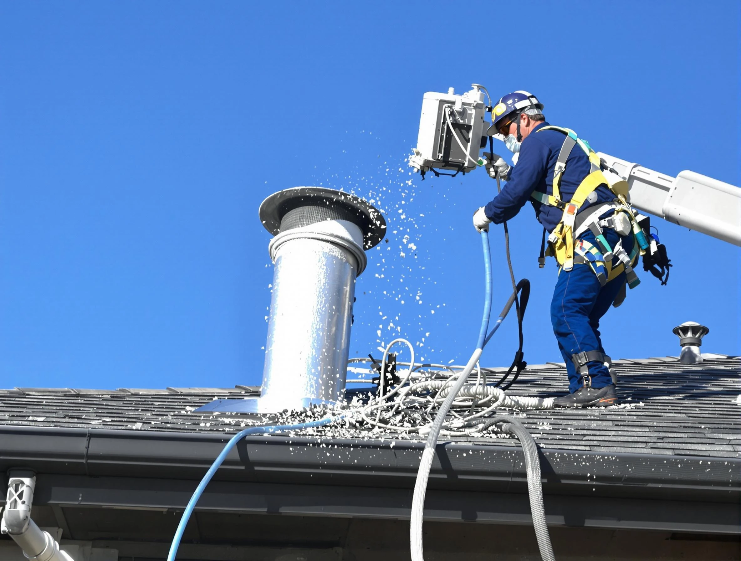 Mapleton Dryer Vent Cleaning certified technician safely cleaning a roof-mounted dryer vent in Mapleton