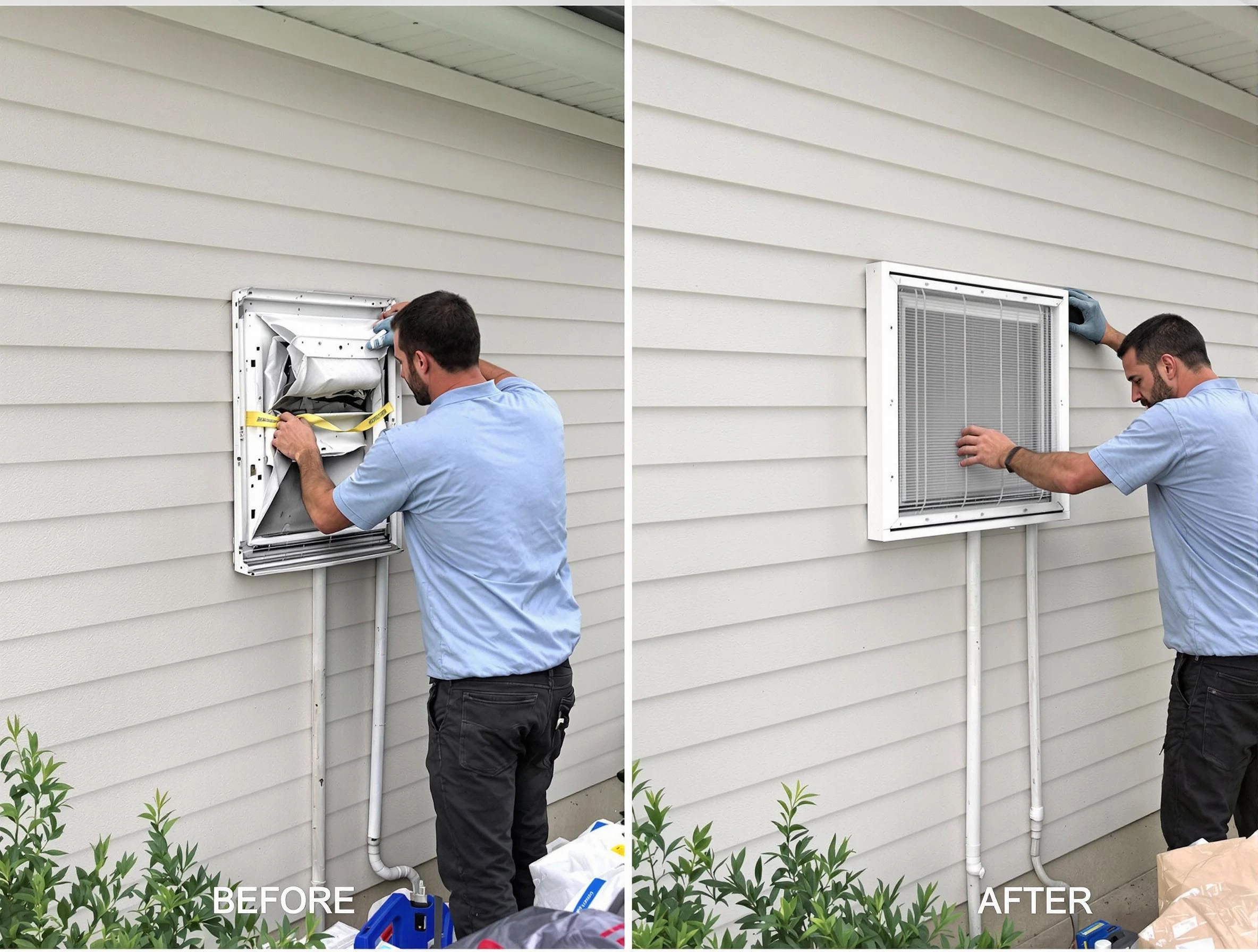 Mapleton Dryer Vent Cleaning technician installing high-quality dryer vent cover at a residential property in Mapleton